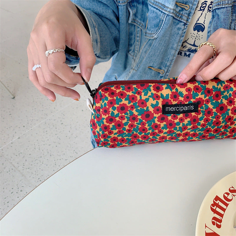 Corduroy Pencil Case Makeup Bag - Korean Style Retro Floral Canvas Pouch for Students