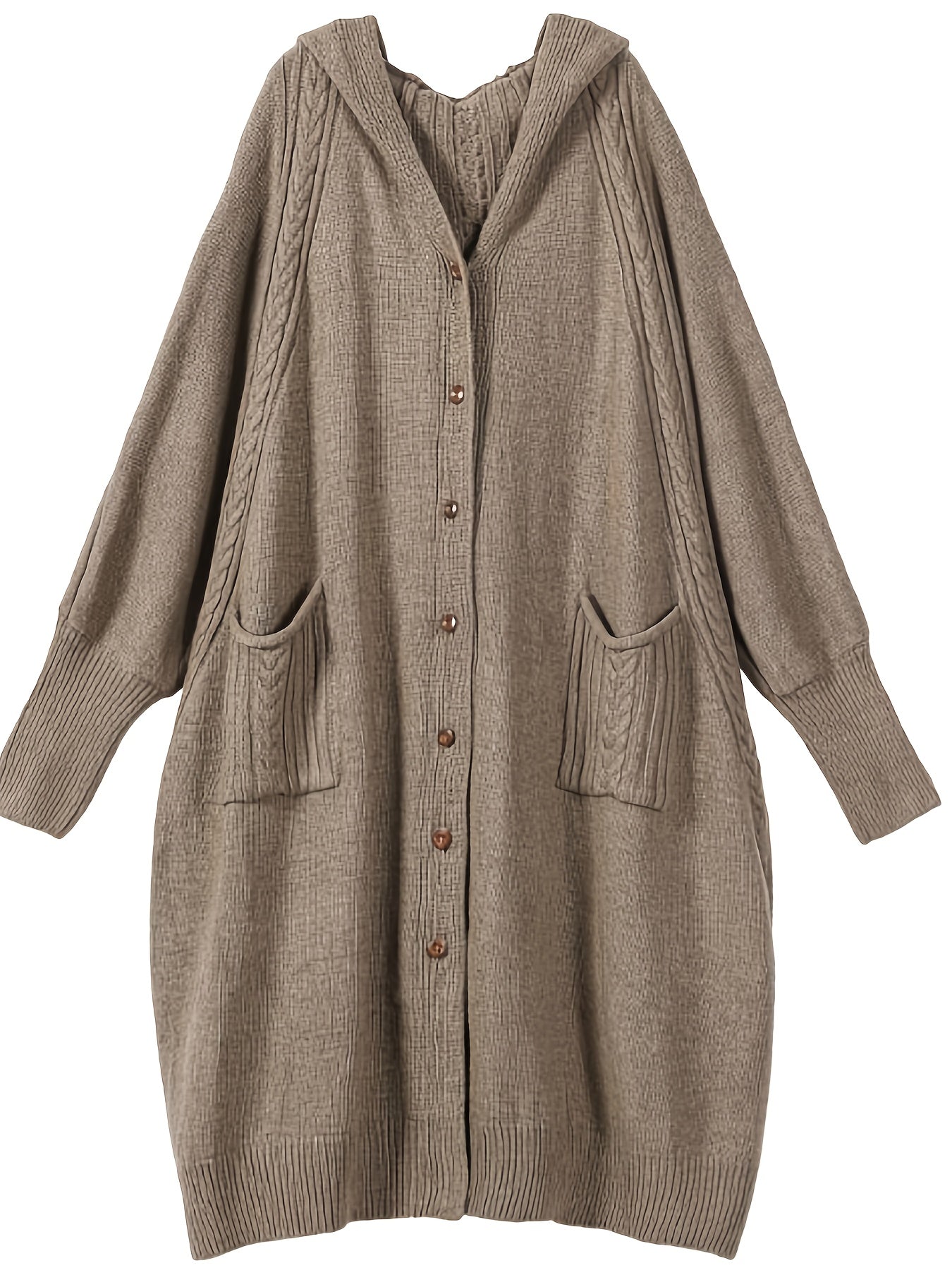 Women's Plus Size Hooded Cardigan, Long Cozy Knit Sweater with Double Pockets, Loose Fit - Solid Color, Fall/Winter