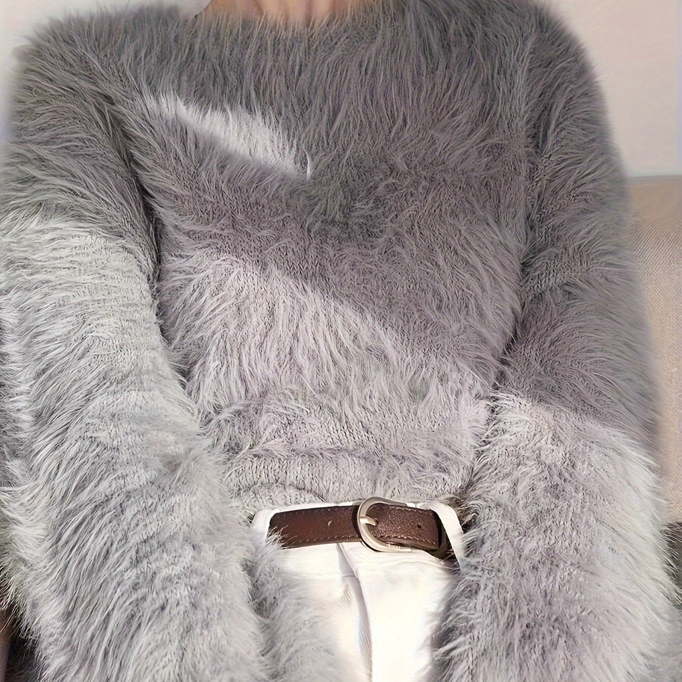 Women's Plus Size Faux Mink Long Fur Pullover Sweater, Crew Neck Polyester Knit, Stretch, All-Season