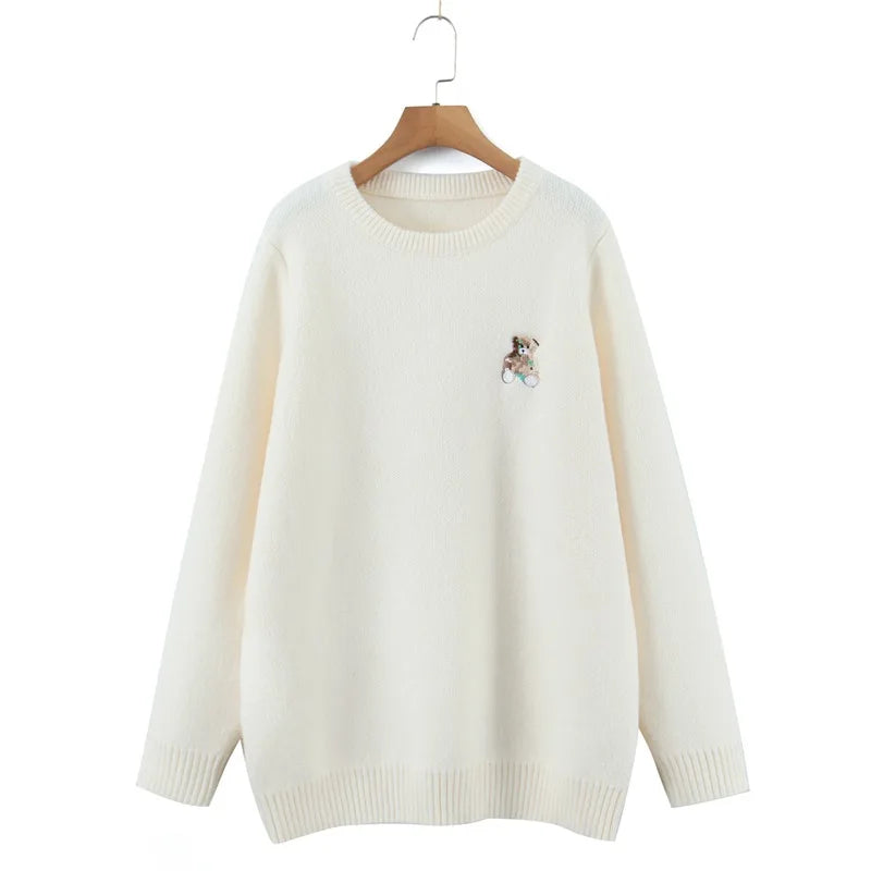 Plus Size XXXL Women's Bear Embroidered O-Neck Sweater Autumn Winter Preppy Thermal Pullover