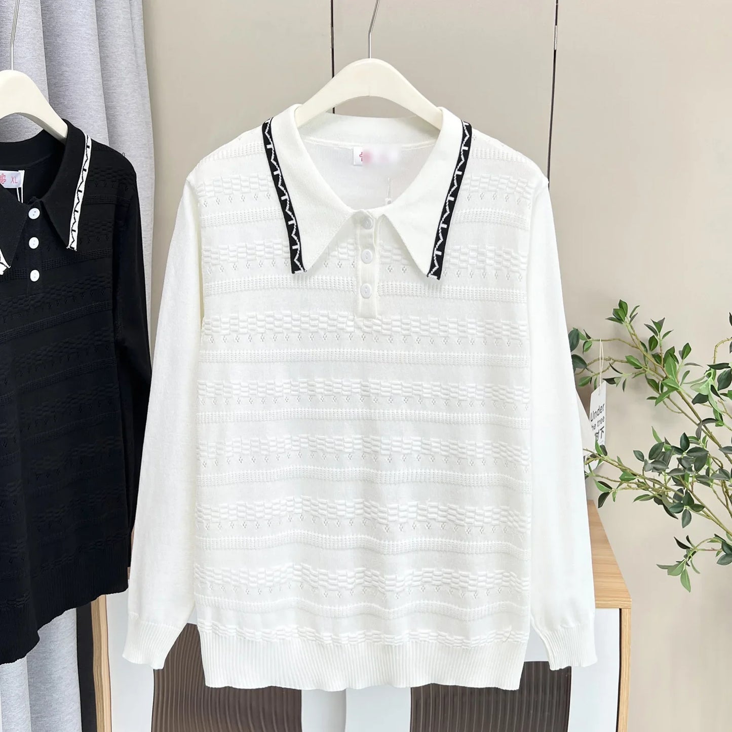 Plus Size Women's Polo Collar Knit Sweater with Hollow-Out Patchwork - Casual Pullover for Spring/Autumn