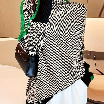 Plus Size High Neck Knit Sweater - Women's Elegant Long Sleeve Pullover for Fall Winter, Hand-Washable