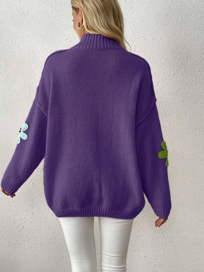 Plus Size Floral Applique Knit Sweater – Women's Long Sleeve High Neck Pullover for Fall & Winter