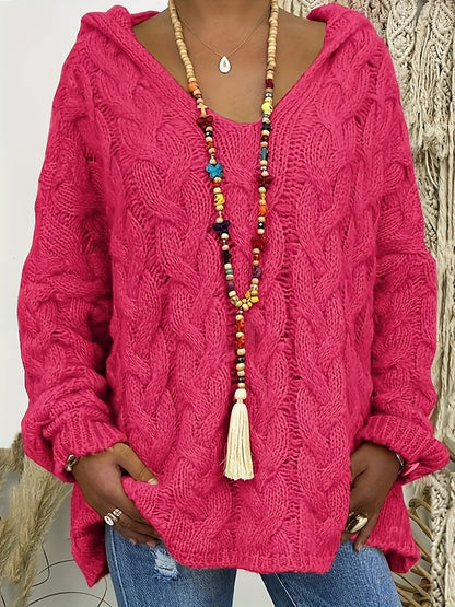 Plus Size Hooded V-Neck Knit Pullover Sweater — Long Sleeve Solid Casual Top