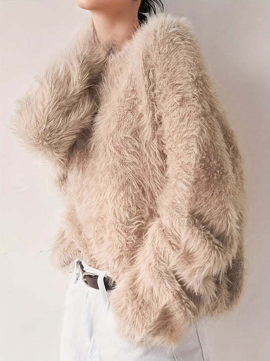 Women's Plus Size Faux Mink Long Fur Pullover Sweater, Crew Neck Polyester Knit, Stretch, All-Season