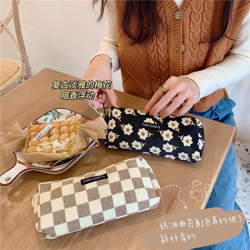 Corduroy Pencil Case Makeup Bag - Korean Style Retro Floral Canvas Pouch for Students