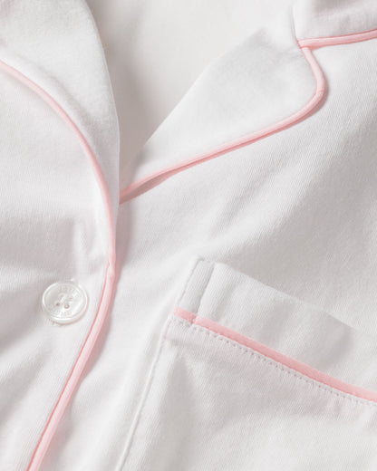 Women's Pima Pajama Short Set in White with Pink Piping