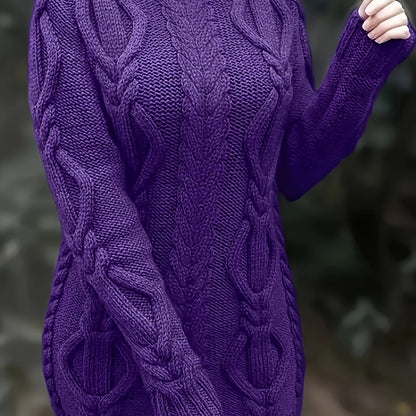 Women's Plus Size High-Neck Cable Knit Sweater - Long Sleeve Solid Pullover, Soft Warm Fall Winter Top