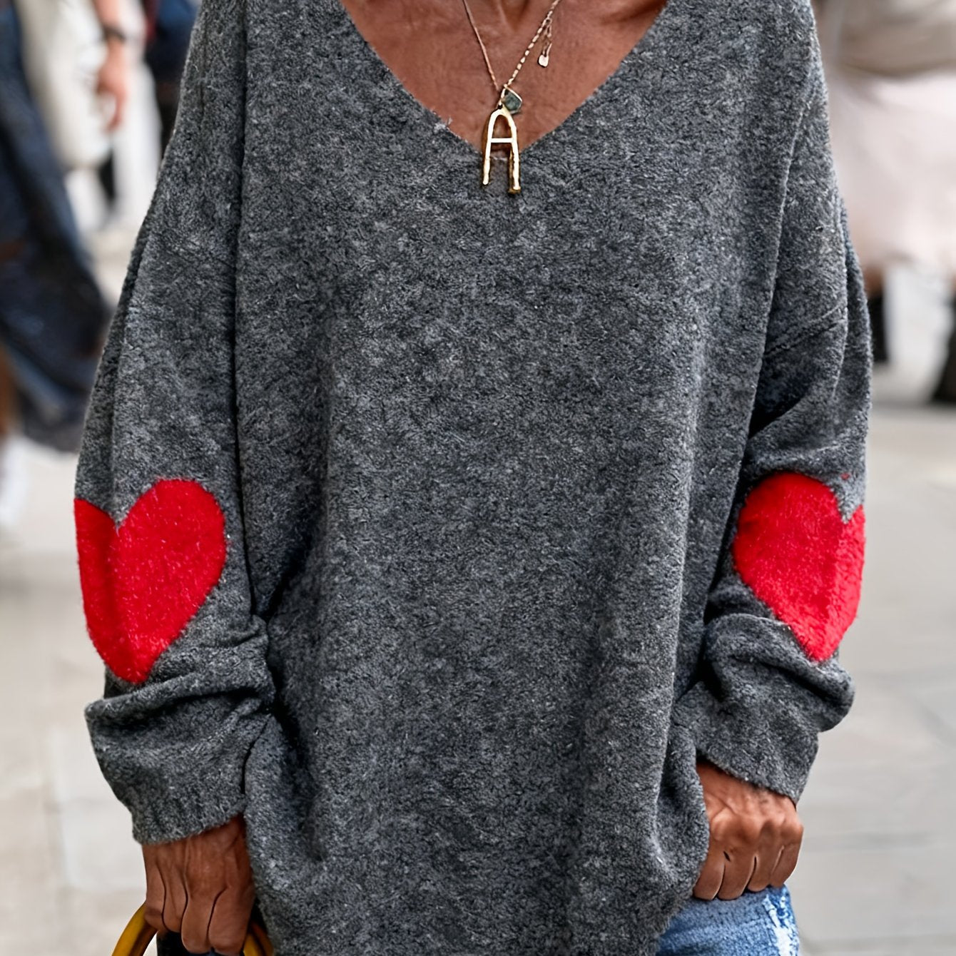 Plus Size V-Neck Heart-Pattern Pullover Sweater – Loose Oversized Knit for Fall/Winter
