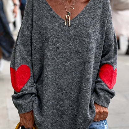 Plus Size V-Neck Heart-Pattern Pullover Sweater – Loose Oversized Knit for Fall/Winter