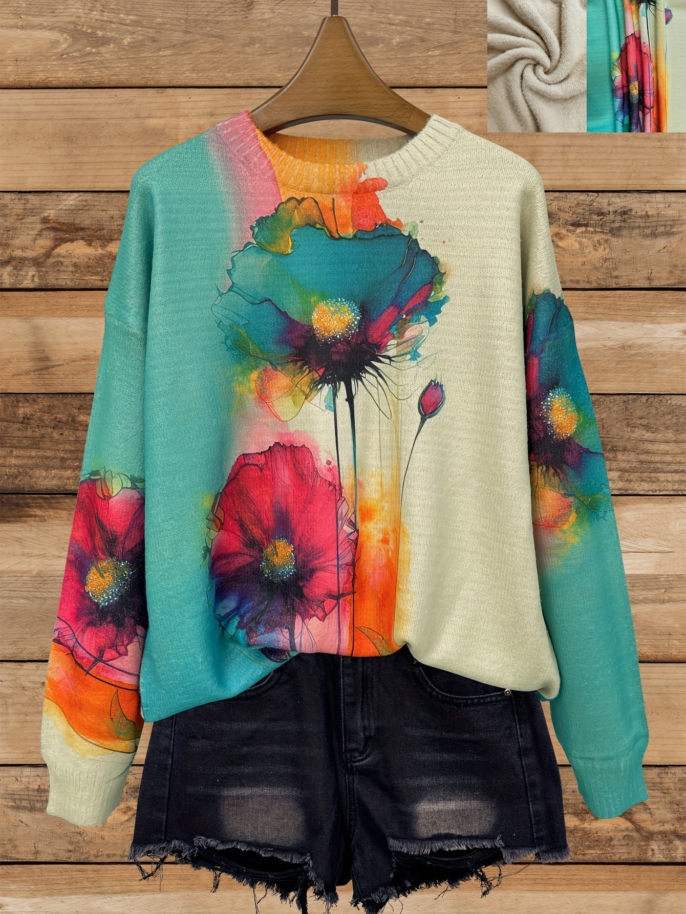 Plus Size Heavyweight Floral Crewneck Sweater — Thick Oversized Winter Pullover (Multi-Color)
