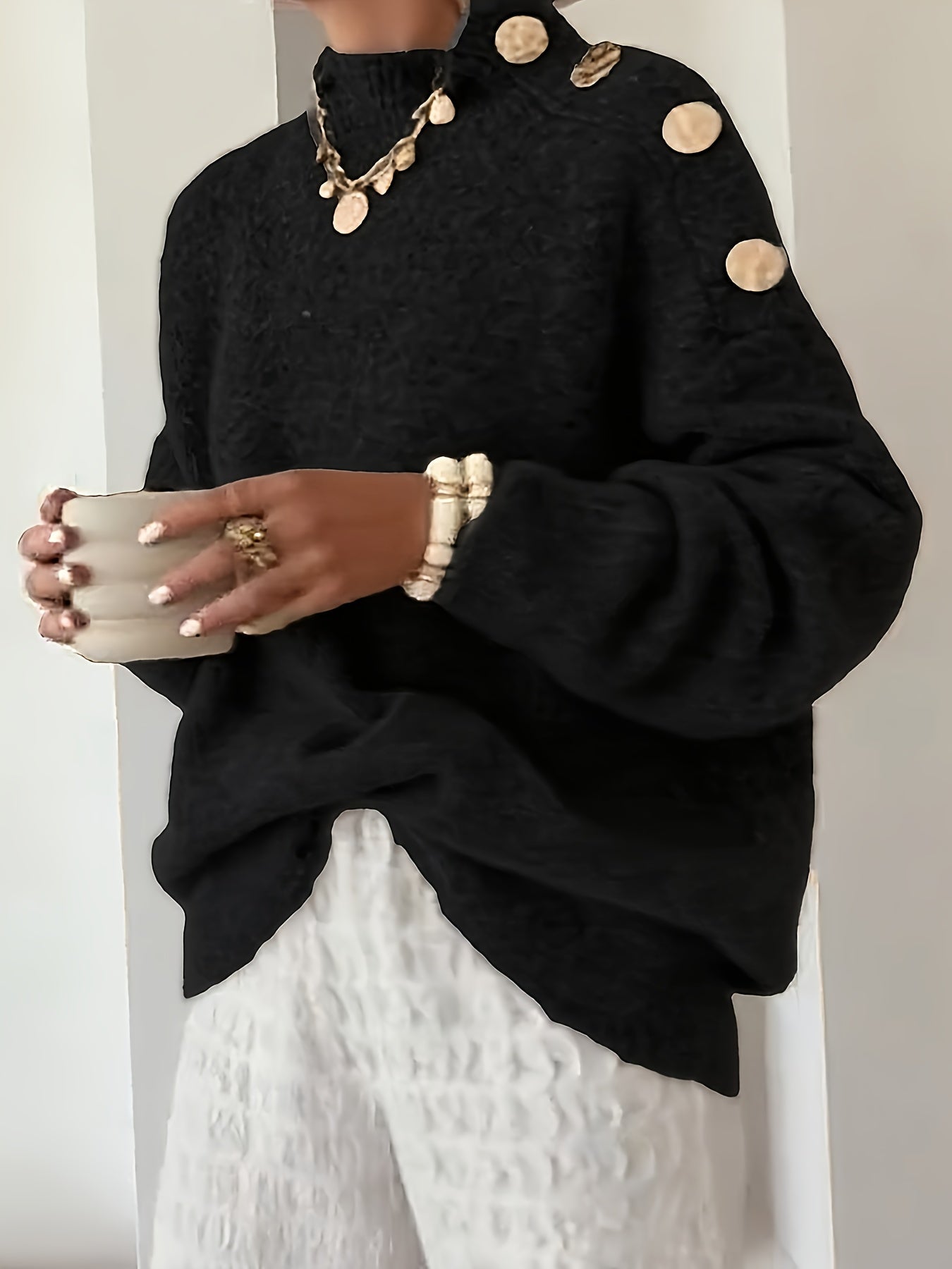 Plus Size Women's Elegant Button-Front Sweater, Soft Long Sleeve High Neck Knit Pullover for Office & Everyday