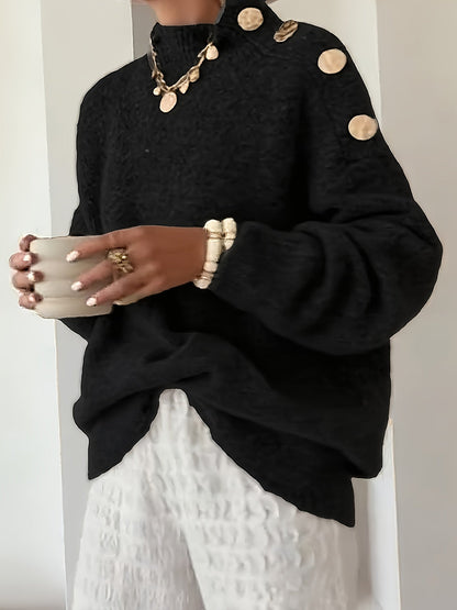 Plus Size Women's Elegant Button-Front Sweater, Soft Long Sleeve High Neck Knit Pullover for Office & Everyday