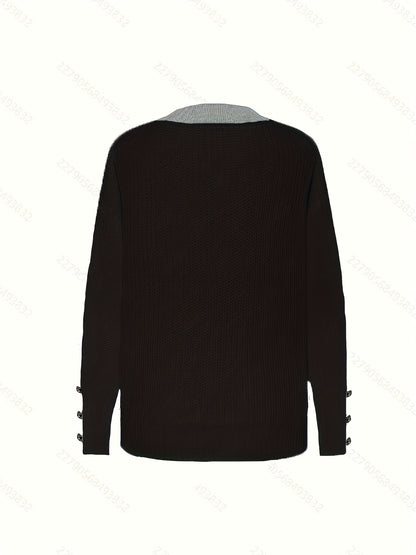 Plus Size Oversized Women's Sweater - Soft Knit Pullover with Button Front Placket, Long Sleeve Crew Neck for Fall/Winter