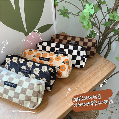Corduroy Pencil Case Makeup Bag - Korean Style Retro Floral Canvas Pouch for Students