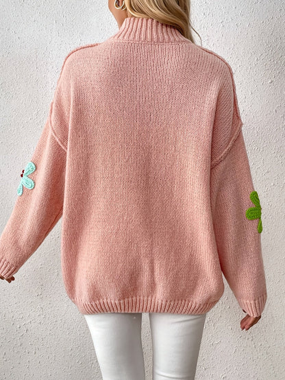 Plus Size Floral Applique Knit Sweater – Women's Long Sleeve High Neck Pullover for Fall & Winter