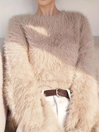 Women's Plus Size Faux Mink Long Fur Pullover Sweater, Crew Neck Polyester Knit, Stretch, All-Season