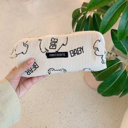 Corduroy Pencil Case Makeup Bag - Korean Style Retro Floral Canvas Pouch for Students