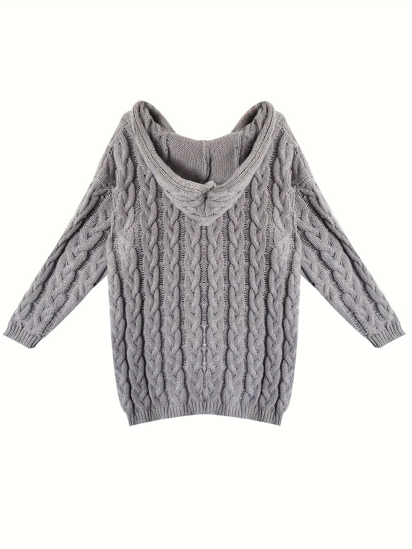 Plus Size Hooded V-Neck Knit Pullover Sweater — Long Sleeve Solid Casual Top