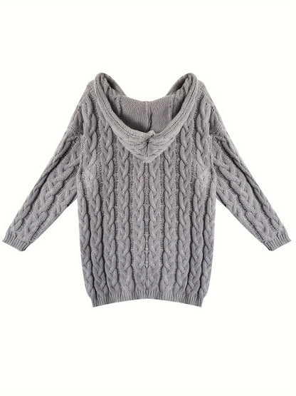 Plus Size Hooded V-Neck Knit Pullover Sweater — Long Sleeve Solid Casual Top