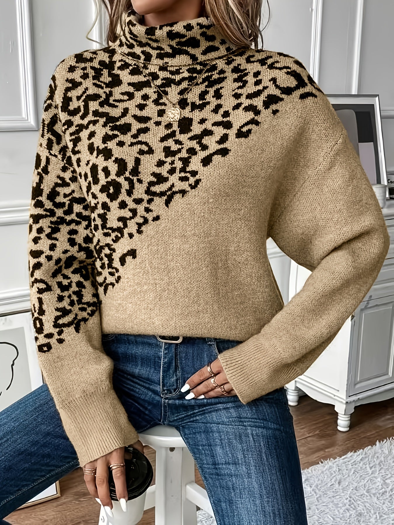 Plus Size Leopard Print Sweater - Cozy Acrylic High-Neck Pullover, Long Sleeve Oversized Knit for Fall Winter