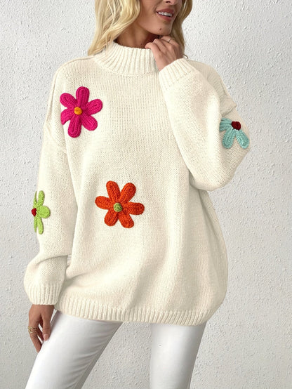 Plus Size Floral Applique Knit Sweater – Women's Long Sleeve High Neck Pullover for Fall & Winter