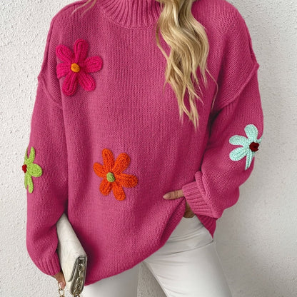 Plus Size Floral Applique Knit Sweater – Women's Long Sleeve High Neck Pullover for Fall & Winter