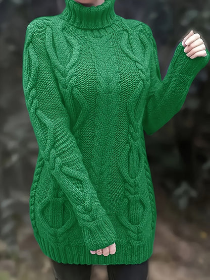 Women's Plus Size High-Neck Cable Knit Sweater - Long Sleeve Solid Pullover, Soft Warm Fall Winter Top