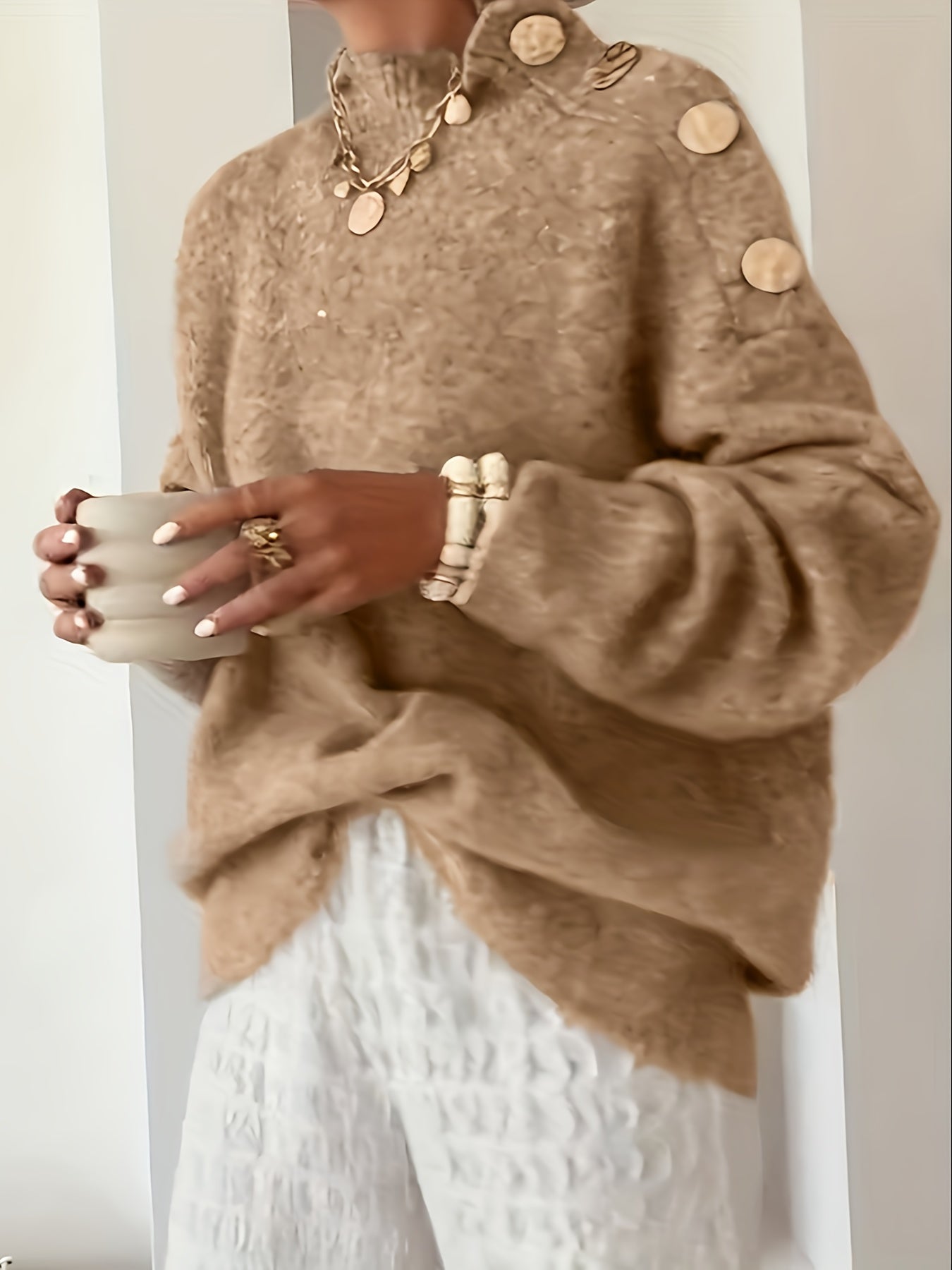 Plus Size Women's Elegant Button-Front Sweater, Soft Long Sleeve High Neck Knit Pullover for Office & Everyday