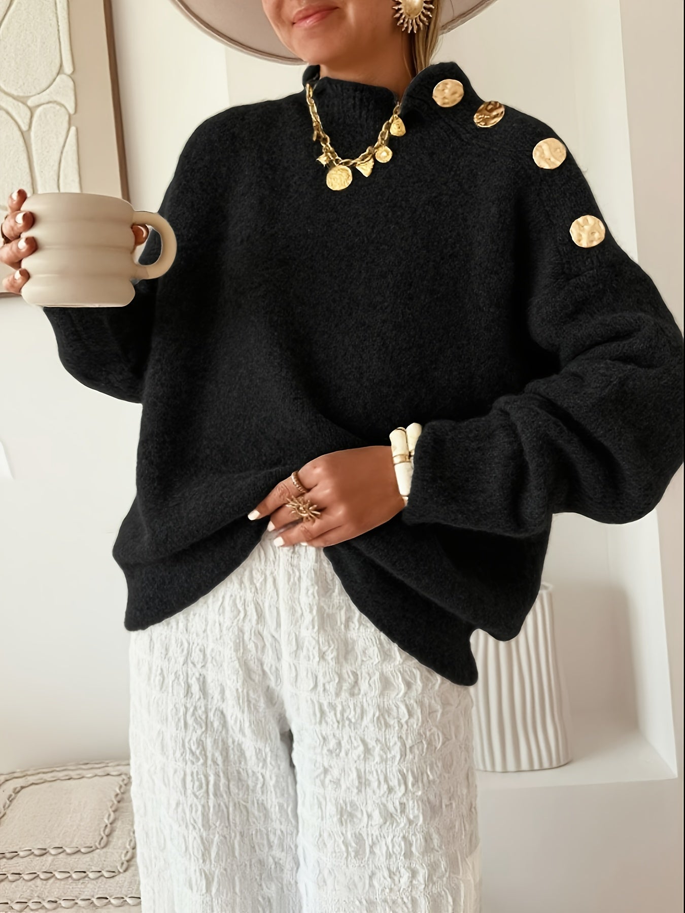 Plus Size Women's Elegant Button-Front Sweater, Soft Long Sleeve High Neck Knit Pullover for Office & Everyday