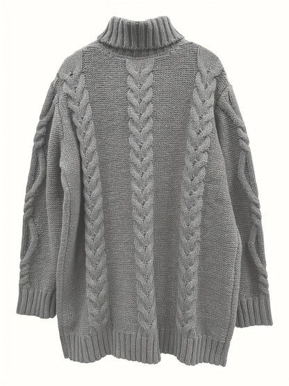 Women's Plus Size High-Neck Cable Knit Sweater - Long Sleeve Solid Pullover, Soft Warm Fall Winter Top