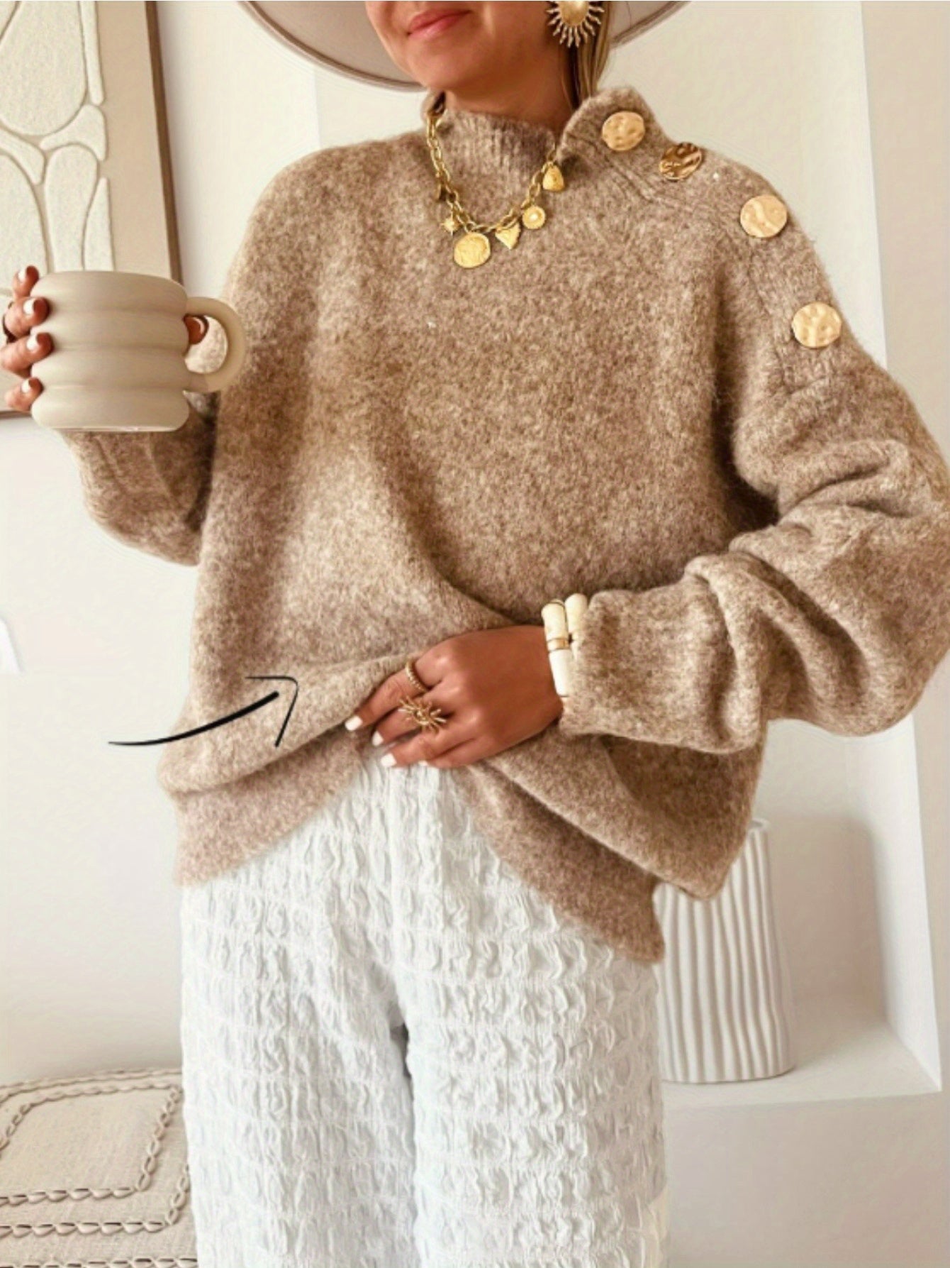 Plus Size Women's Elegant Button-Front Sweater, Soft Long Sleeve High Neck Knit Pullover for Office & Everyday