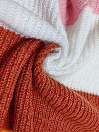 Plus Size Women's V-Neck Striped Frayed Hem Sweater, Drop Shoulder Loose Fit Pullover, All-Season Knit