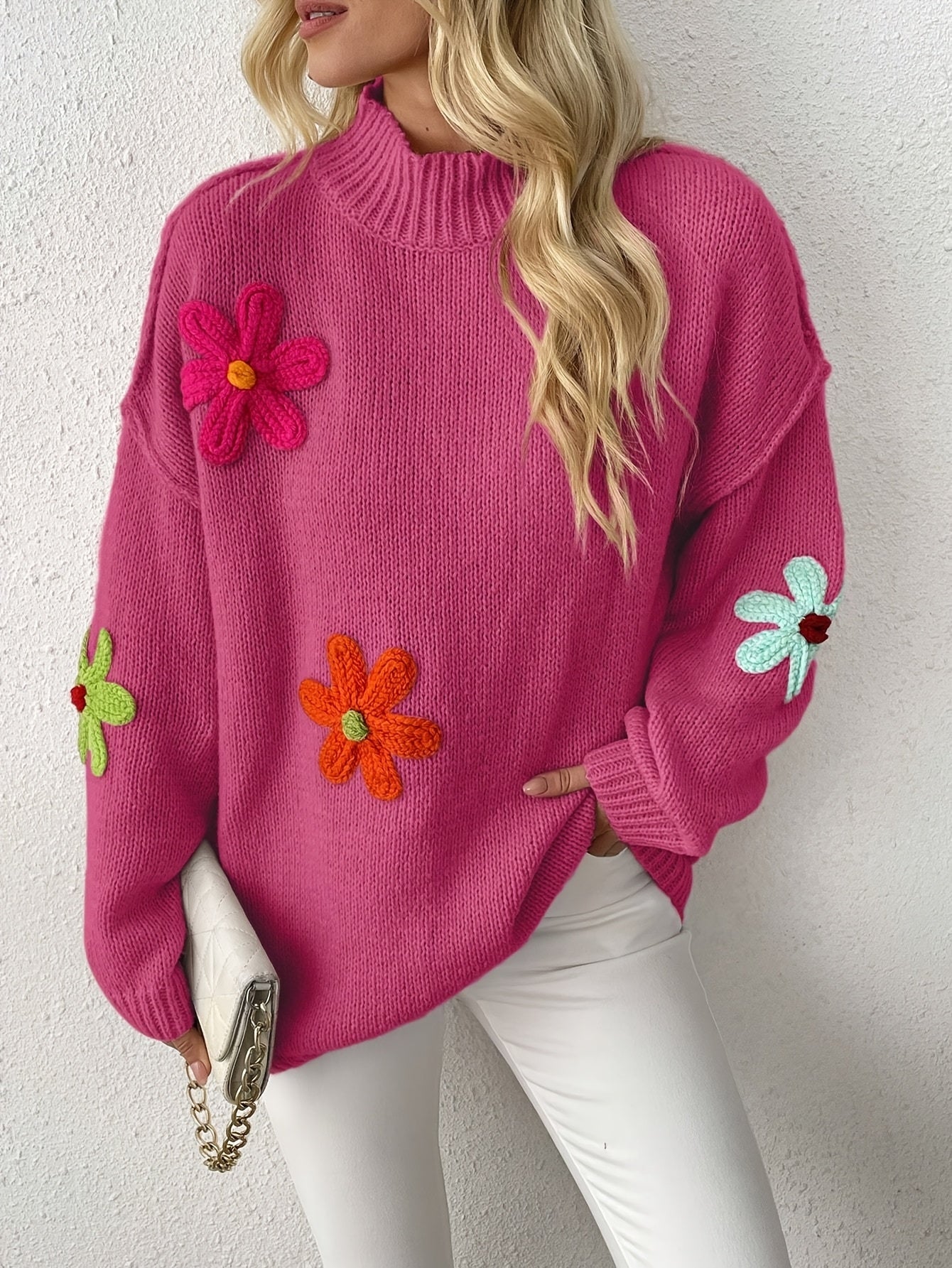 Plus Size Floral Applique Knit Sweater – Women's Long Sleeve High Neck Pullover for Fall & Winter