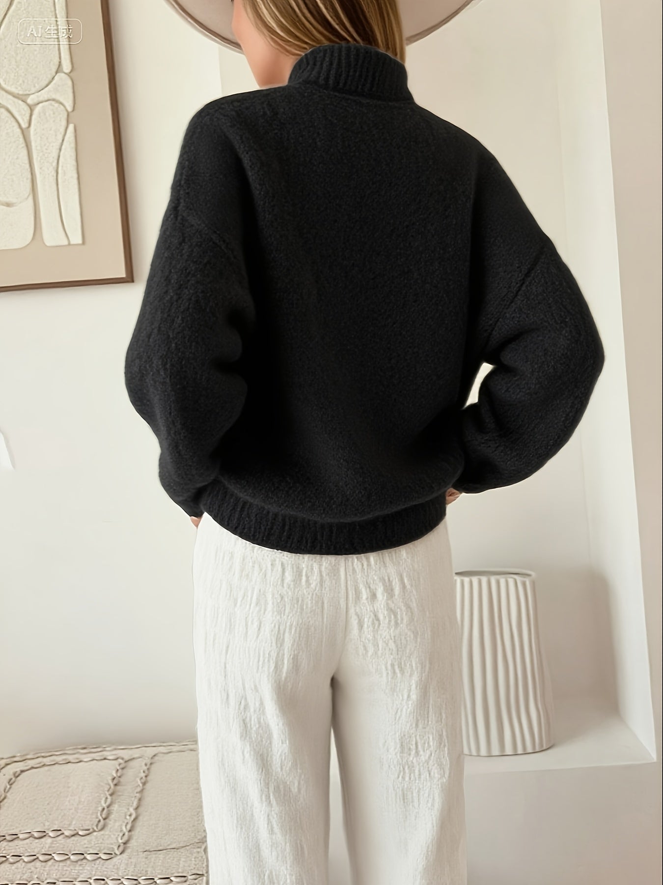 Plus Size Women's Elegant Button-Front Sweater, Soft Long Sleeve High Neck Knit Pullover for Office & Everyday