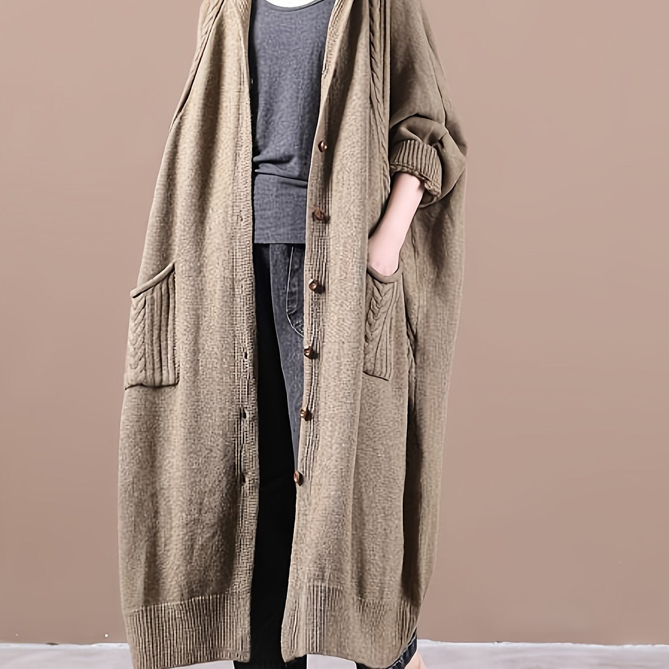 Women's Plus Size Hooded Cardigan, Long Cozy Knit Sweater with Double Pockets, Loose Fit - Solid Color, Fall/Winter