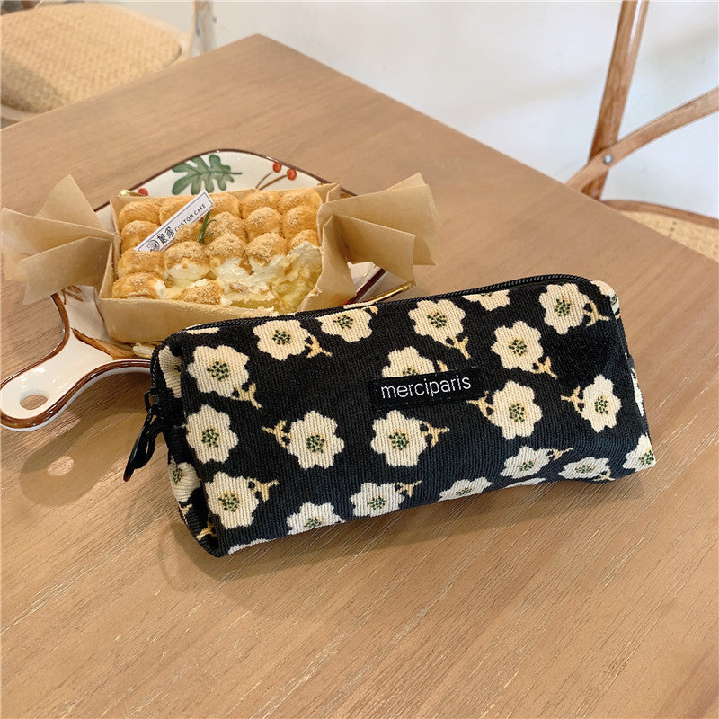 Corduroy Pencil Case Makeup Bag - Korean Style Retro Floral Canvas Pouch for Students