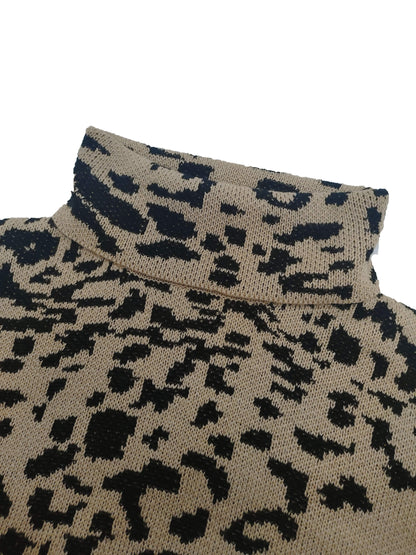 Plus Size Leopard Print Sweater - Cozy Acrylic High-Neck Pullover, Long Sleeve Oversized Knit for Fall Winter