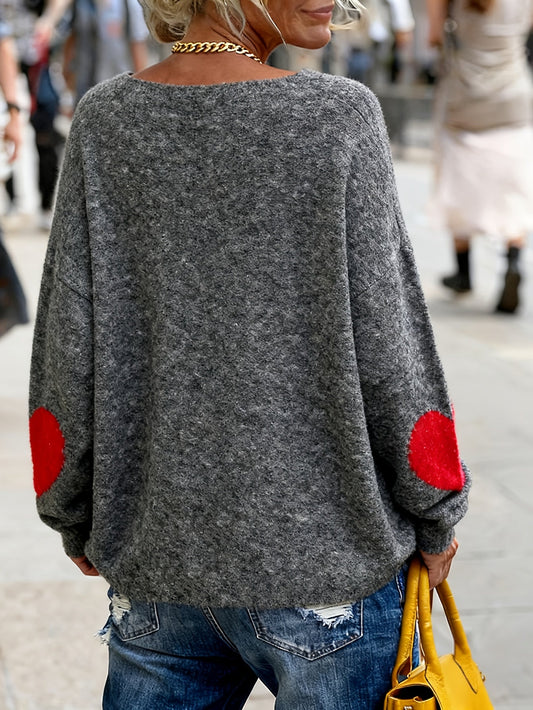 Plus Size V-Neck Heart-Pattern Pullover Sweater – Loose Oversized Knit for Fall/Winter