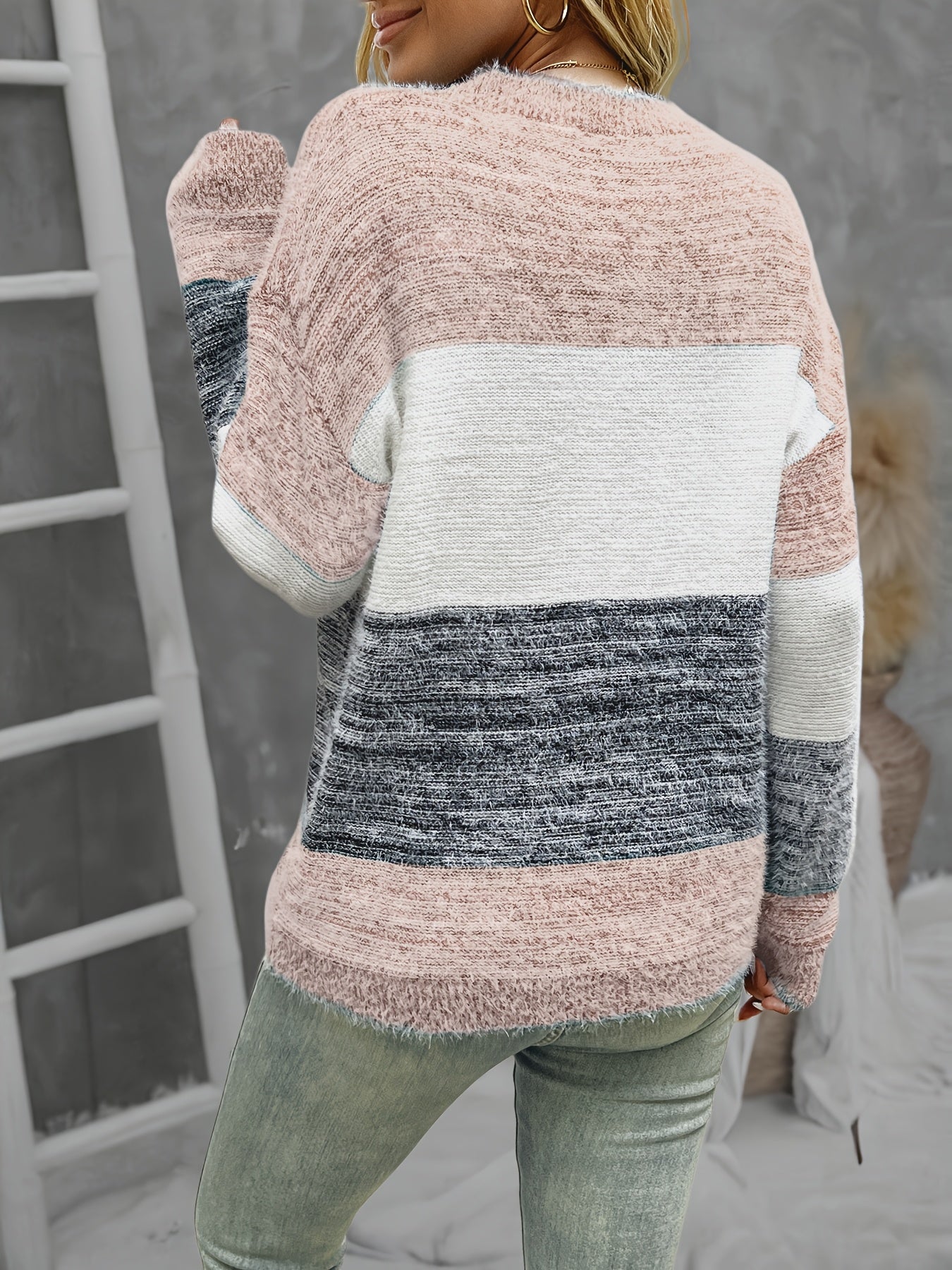 Plus-Size Drop Shoulder Striped Pullover Sweater - Stretchy Oversized Knit Long Sleeve Crew Neck for Fall Winter