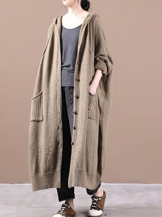 Women's Plus Size Hooded Cardigan, Long Cozy Knit Sweater with Double Pockets, Loose Fit - Solid Color, Fall/Winter