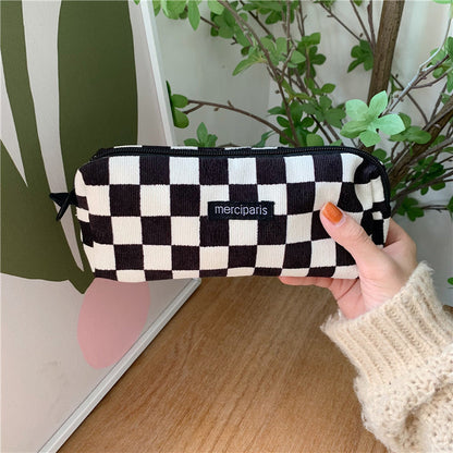 Corduroy Pencil Case Makeup Bag - Korean Style Retro Floral Canvas Pouch for Students