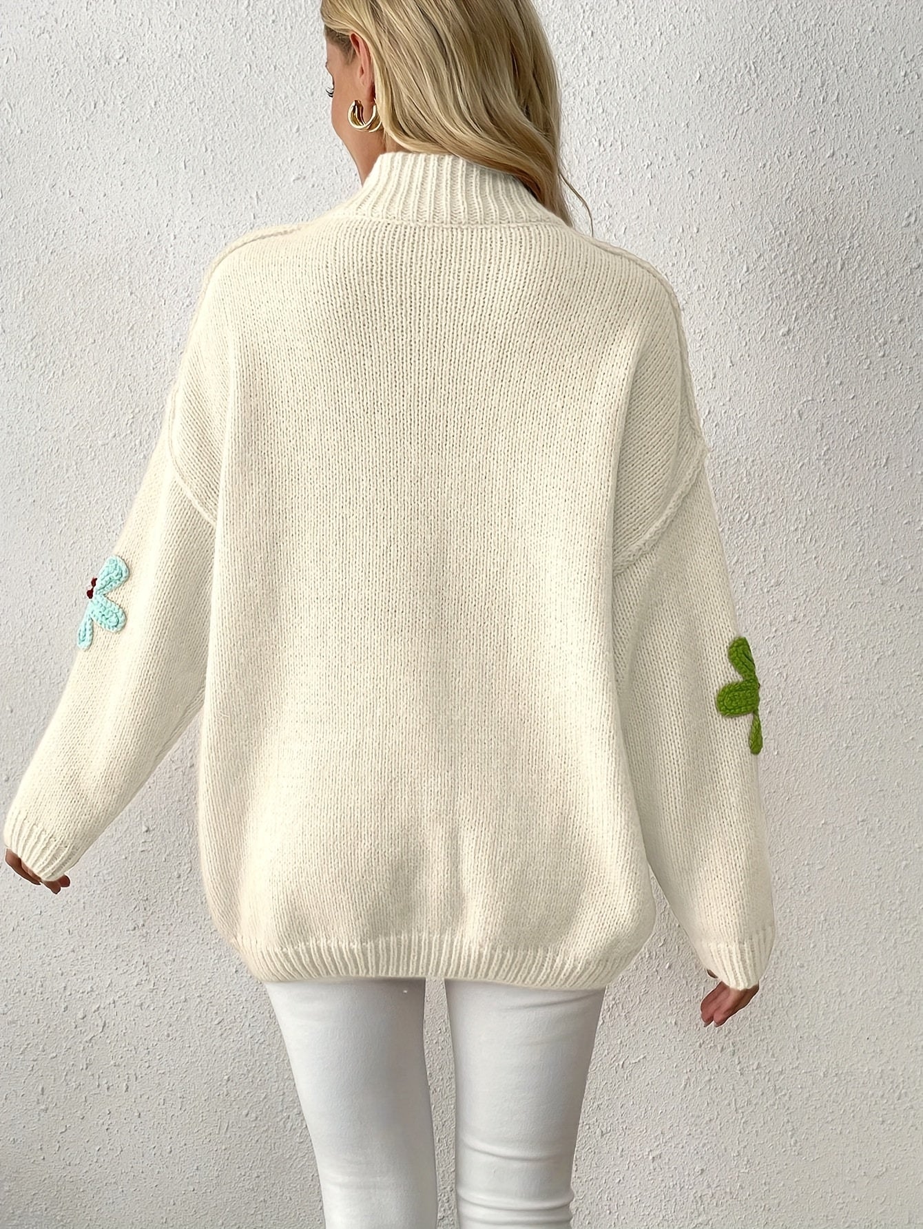 Plus Size Floral Applique Knit Sweater – Women's Long Sleeve High Neck Pullover for Fall & Winter