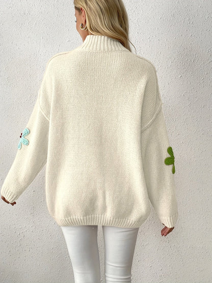 Plus Size Floral Applique Knit Sweater – Women's Long Sleeve High Neck Pullover for Fall & Winter