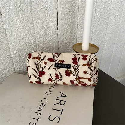 Corduroy Pencil Case Makeup Bag - Korean Style Retro Floral Canvas Pouch for Students