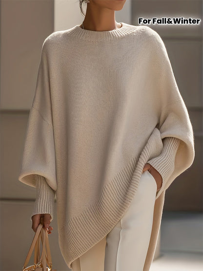 Women's Thick Longline Crewneck Sweater - Soft Loose-Fit Acrylic Blend Pullover in Neutral Tones for Fall/Winter, Office & Casual
