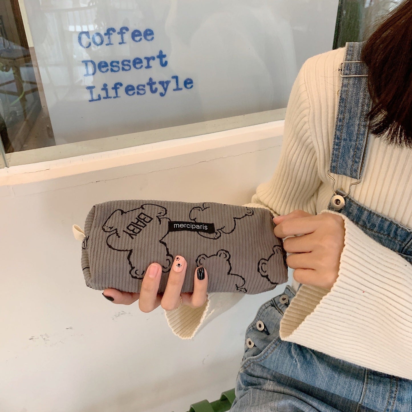 Corduroy Pencil Case Makeup Bag - Korean Style Retro Floral Canvas Pouch for Students