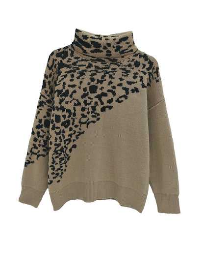 Plus Size Leopard Print Sweater - Cozy Acrylic High-Neck Pullover, Long Sleeve Oversized Knit for Fall Winter