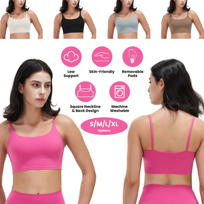 Women Strap Sport Bras Padded Strappy Crop Square Neck Low Impact Bras Sexy Fitness Tank Tops with Removable Pads Flat Straps for Gym Yoga Workout Run