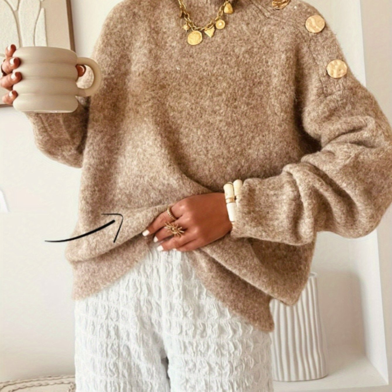 Plus Size Women's Elegant Button-Front Sweater, Soft Long Sleeve High Neck Knit Pullover for Office & Everyday